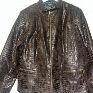 ALFANI Leather Jacket Womens 3x Brown Croc Snakeskin Pattern Zip Up Band Collar